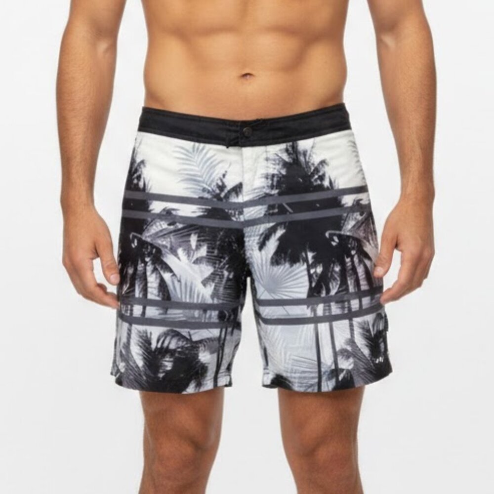Cole Men's Black Grey Beach Scene Palm Trees Ocean Board Swim Shorts Trunks Sz L